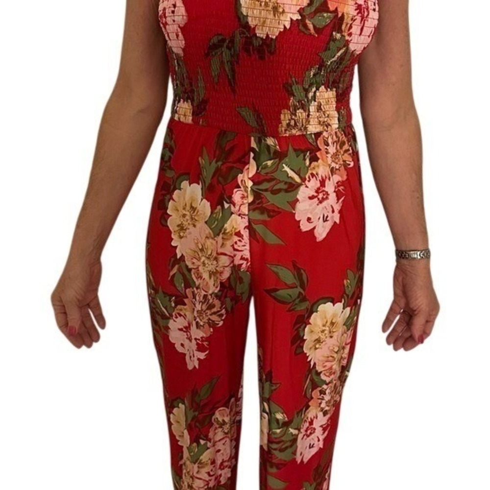 Red Floral Jumpsuit Strapless Smocked Bodice Summer Casual Party Romper